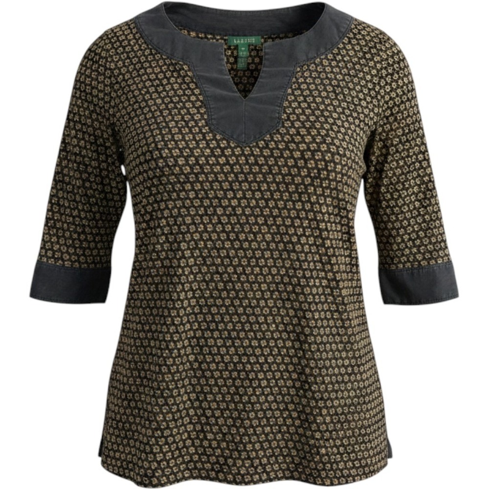 Lauren Ralph Lauren Bohemian Black Gold Geometric Floral Split Neck Top Cotton